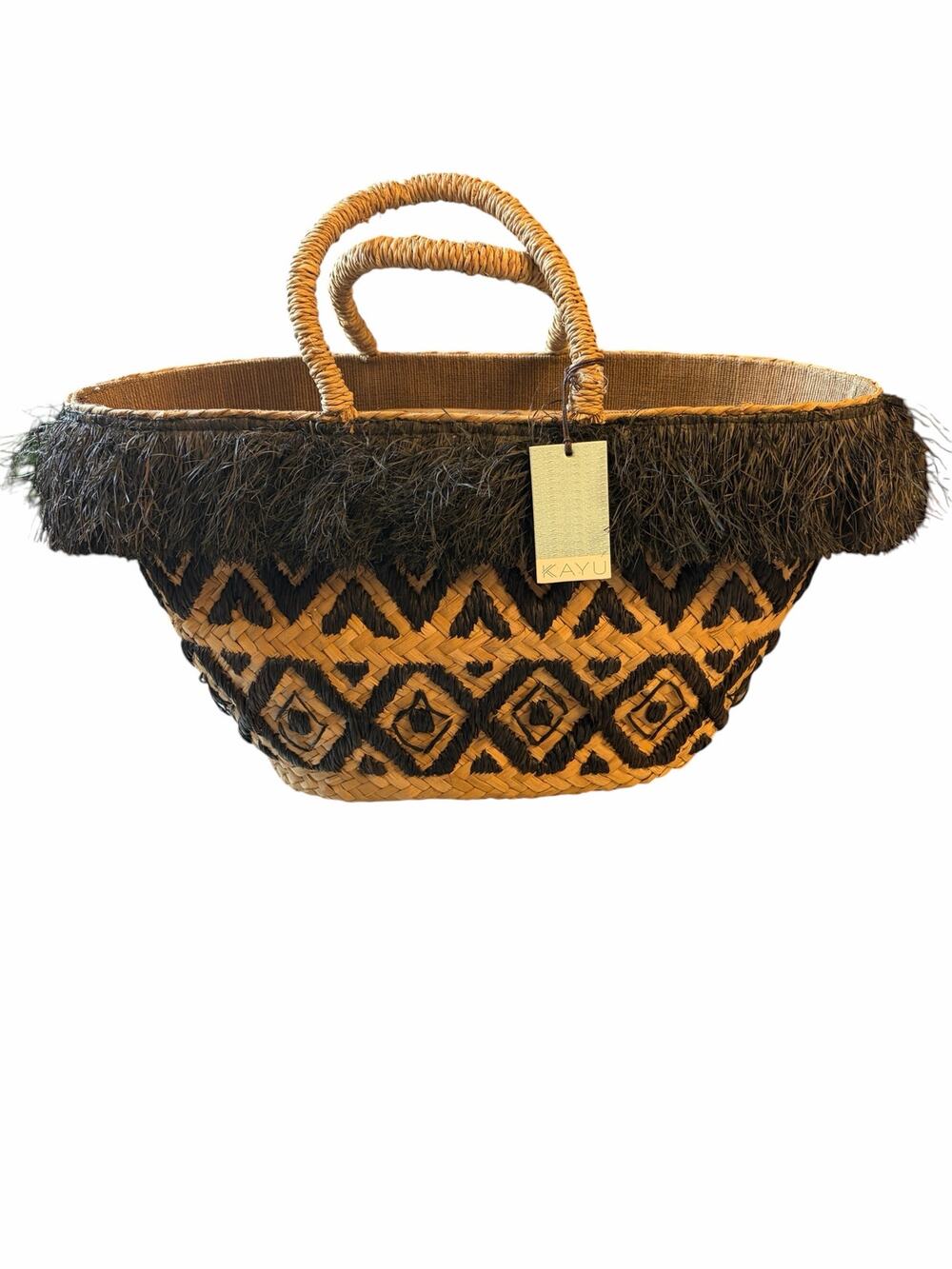 KAYU NWT Woven Straw Tote Black Fringe Beach Market Bag Drawstring Closure